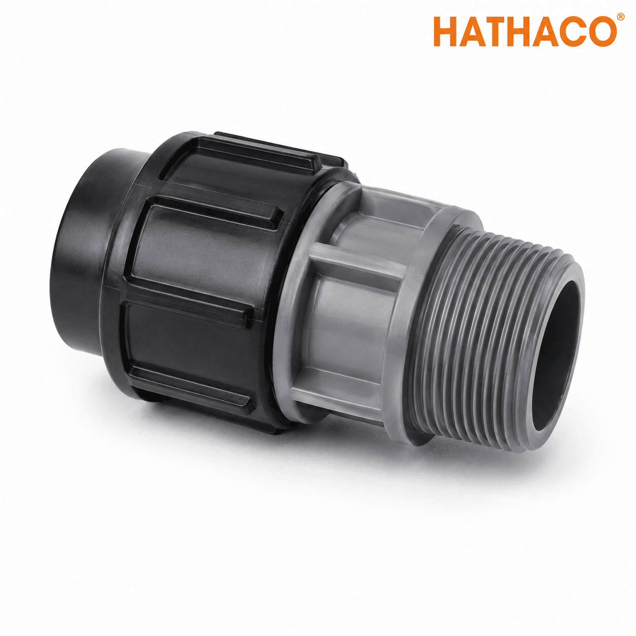 Măng sông ren ngoài HDPE HATHACO cho máy bơm nền trắng góc phải